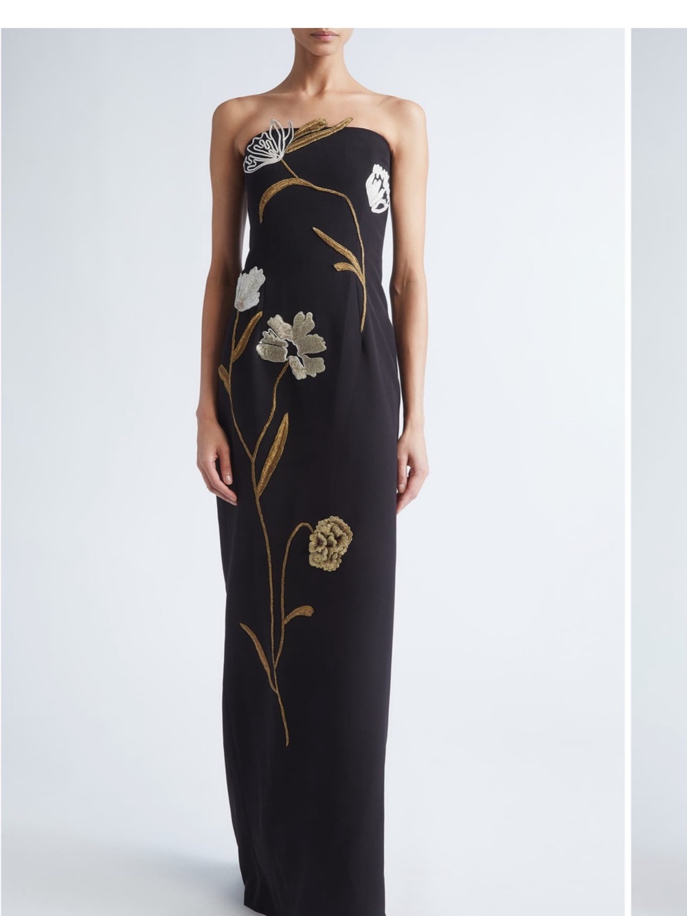 Lela Rose Teal Strapless Gown with Gold and Ivory Floral Embroidery